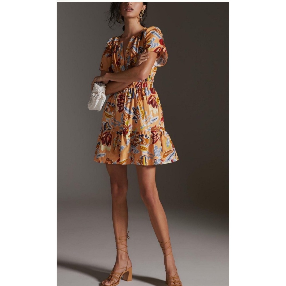Anthropologie Somerset Mini Dress Yellow Floral Smocked Cotton 2X
